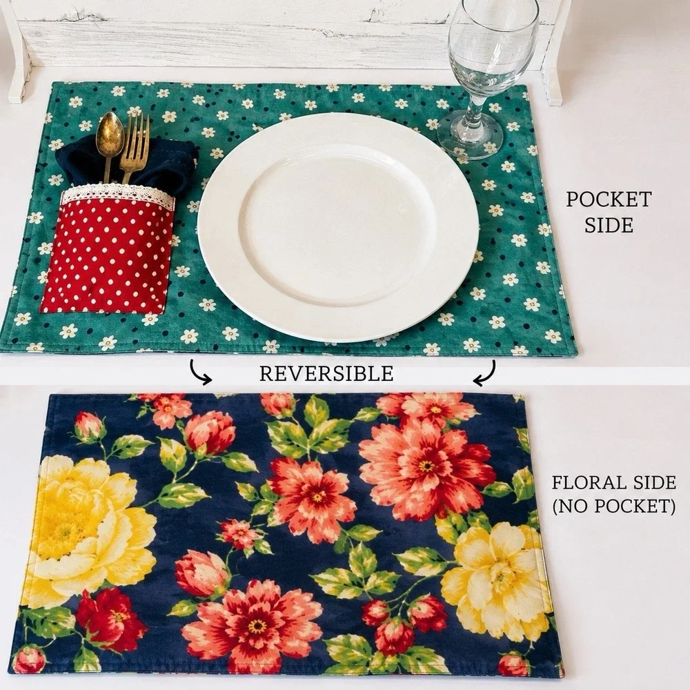 Set of 6 Reversible Placemats with Silverware Pockets + 4 Coordinating Napkins